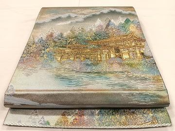 Fukuro Obi – Temple and Mist Landscape | Gold & Silver Thread | 100% Pure Silk