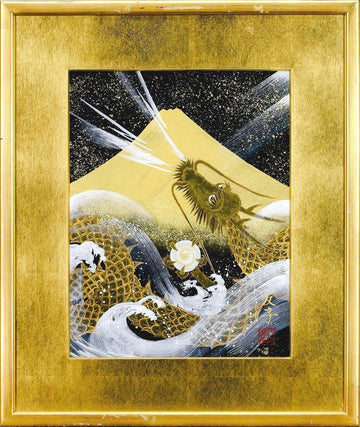 Aihara Tomoko — "Golden Ascending Dragon on Golden Mt. Fuji" — Japanese Silk Painting with Gold Leaf — Good Luck, Cloud Dragon, Rising Dragon