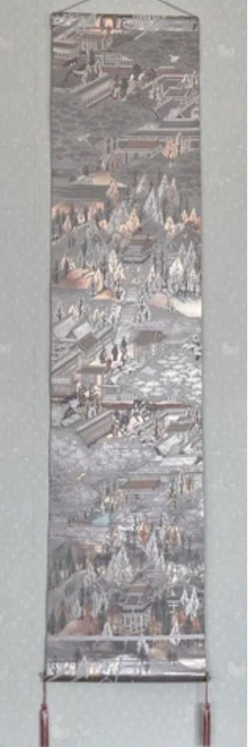 Platinum Village Landscape Obi Tapestry | Wako Silk Wall Hanging | Japanese Artisan Decor