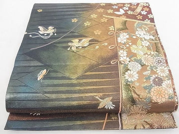 Fukuro Obi – Karaori, Dynasty Blind Pattern with Gold Thread & Hiki Leaf Motif