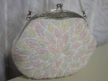 Vintage Japanese Beaded Purse | Retro Kimono Accessory | Antique All-Bead Handbag with Beaded Handle | Pastel Floral Clutch | Collectible Japanese Bag