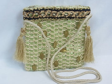 Vintage Japanese Leaf Tassel Pochette – Gold Thread Knit Purse with Sequins | Handmade Kimono Accessory