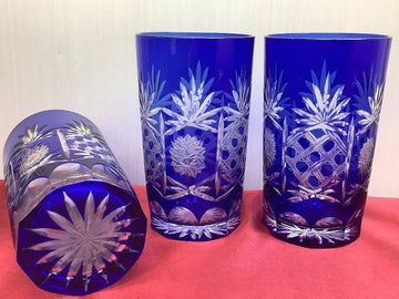 Edo Kiriko Blue Cut Glass Tumbler Set – 5-Piece Vintage Collection with Original Box
