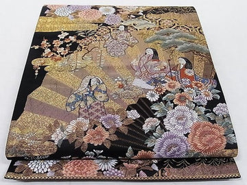 "Vintage Japanese Fukuro Obi – Kasugano Noble Entertainment Scene – Gold Thread on Black Silk"