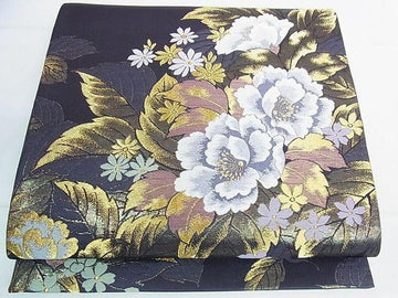 Vintage Japanese Fukuro Obi – Black Silk with Gold Thread & Elegant Peony Floral Pattern