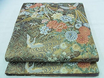 Vintage Japanese Fukuro Obi – Golden Crane & Chrysanthemum Motif | Woven Silk Tapestry with Birds & Flowers | Wall Art or Formal Kimono Accessory