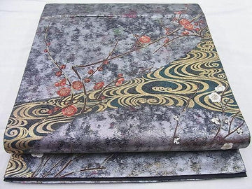 Vintage Fukuro Obi – Cranes & Flowing Water with Gold & Silver Thread, Handmade in Japan