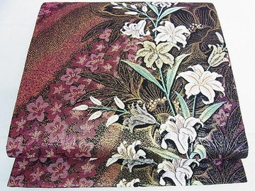 Vintage Japanese Fukuro Obi with White Lily and Wildflower Design | Handwoven Gold & Silver Thread | 100% Silk | Wall Decor or Kimono Accessory
