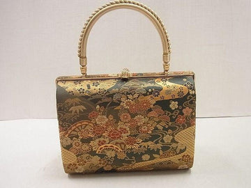 Vintage Japanese Kimono Purse – Gold Thread Floral with Traditional Motifs