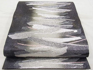 Modern Silver Wave Pattern Fukuro Obi – Black Background | Handwoven Japanese Silk