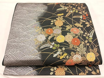 Elegant Fukuro Obi – Black Background with Silver Waves and Chrysanthemum Motif (100% Silk, 170" x 12")