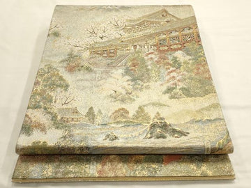 Masterpiece Nishijin Asagi Japanese Full-length landscape pattern obi with landscape motif, gold and silver thread, pure silk, unused