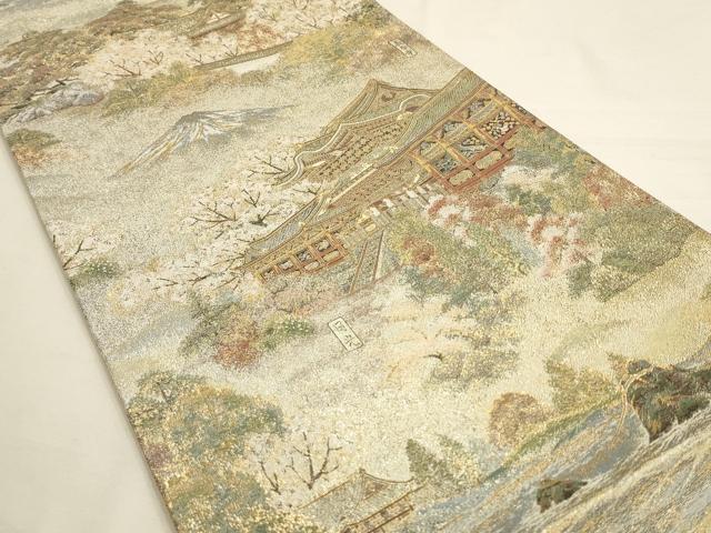 Masterpiece Nishijin Asagi Japanese Full-length landscape pattern obi with landscape motif, gold and silver thread, pure silk, unused