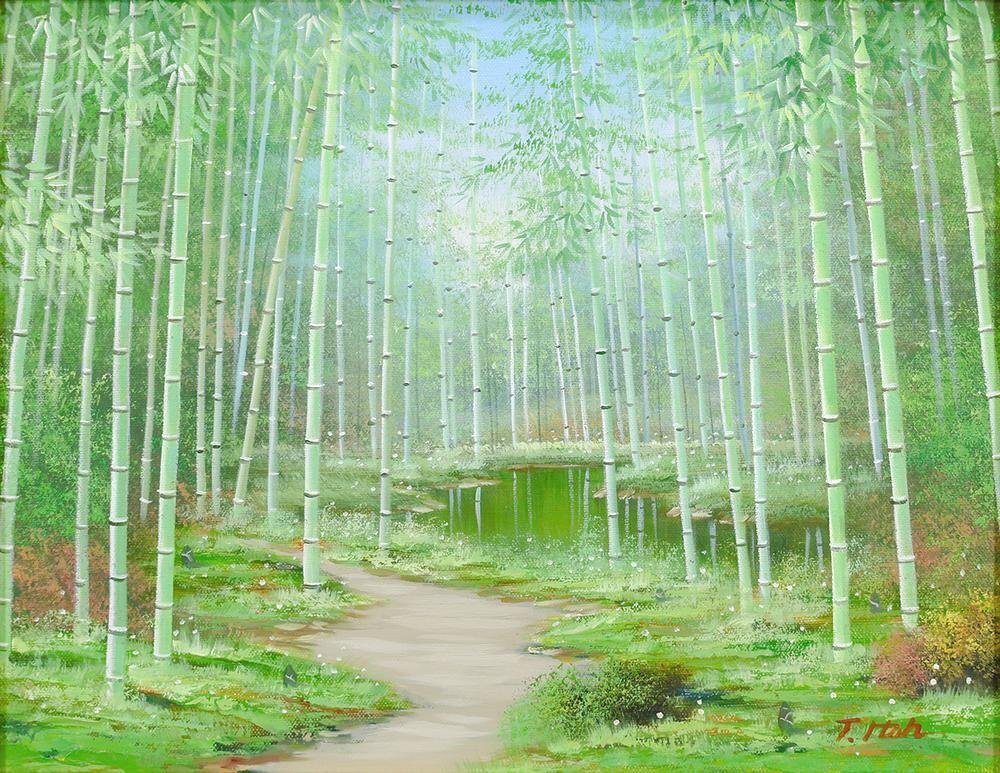 Tami Ito “Bamboo Forest and Stream” Original Oil Painting, No. 6 Canvas, Framed – Serene Japanese Landscape Art