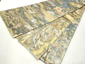 Top quality Nishijin Asagi round obi with a picture of 100 years of happiness, real gold leaf, pure silk