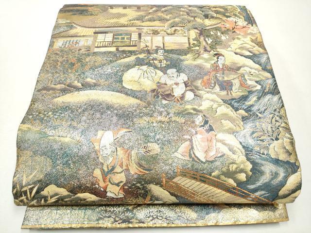 Top quality Nishijin Asagi round obi with a picture of 100 years of happiness, real gold leaf, pure silk