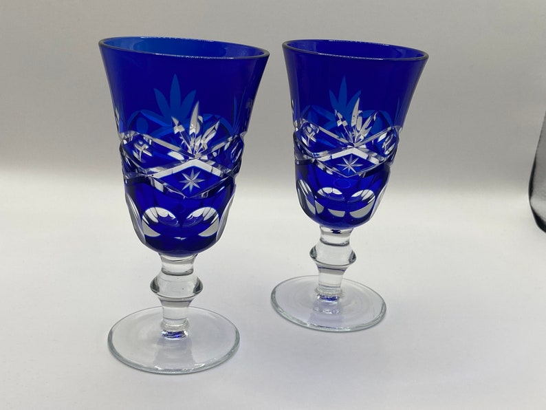 Japanese Wine Glass Edo Kiriko Vtg Blue Crystal Glass Cold Sake Cup (Pair) / Home Decor / Handmade / Decor / Tumbler / Vintage