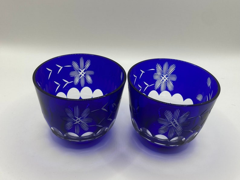 Edo Kiriko Deep Blue Hand Crafted lapis lazuli crystal glasses. Rare Vintage Flower (Pair) Authentic Handmade in Japan