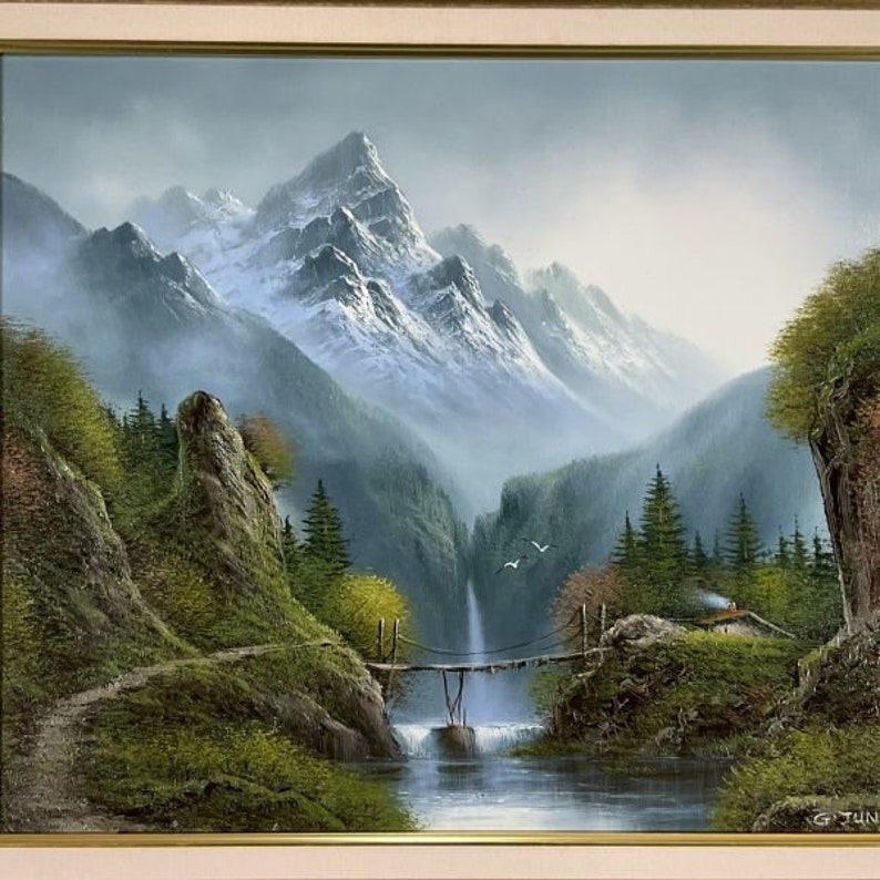 True Work Oil Painting G. JUN Landscape Mountain Forest Waterfall with Bridges and Birds Detailed Realism Masterpiece Framed Painting