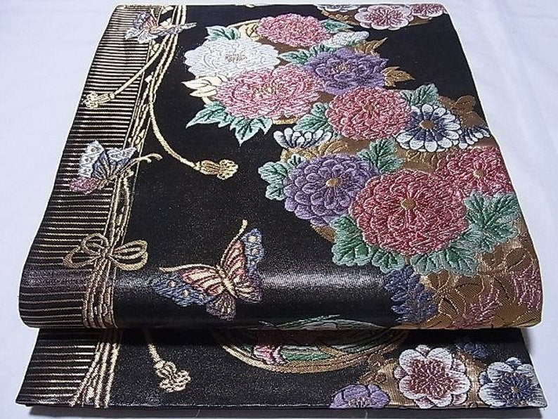 Fukuro Obi Six-Patterned Obi Karaori, Flower Butterfly Pattern, Black Background, Gold and Silver Thread, Masterpiece