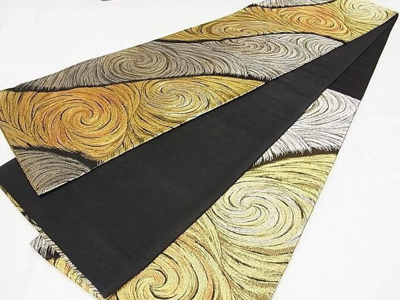 Fukuro Obi Six-pattern obi, running water pattern, swirl, black background, gold and silver thread, pure silk, masterpiece