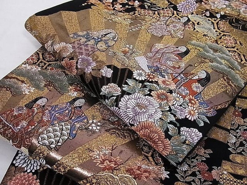 Fukuro Obi Six-pattern fukuro obi Kasugano entertainment map Black background Gold thread Pure silk Special item