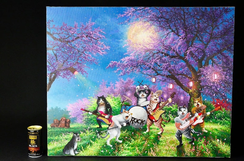 "Moonlit Fantasy – Cat Rock Band" Original Painting by Kazumi Otomo (Masatoyo) F15 – Signed Masterpiece | A Whimsical Celebration of Music, Magic, and Feline Spirit