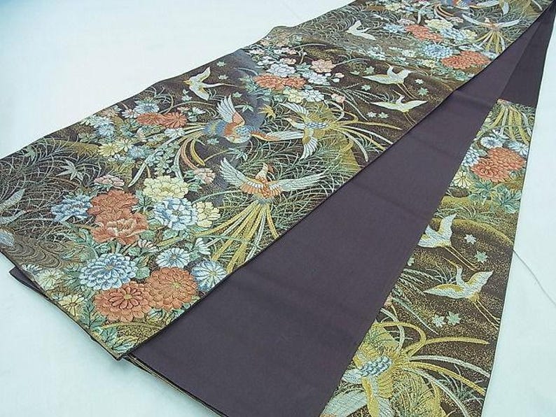 Fukuro Obi Six-way patterned obi, Karaori, flower and bird design, gold thread